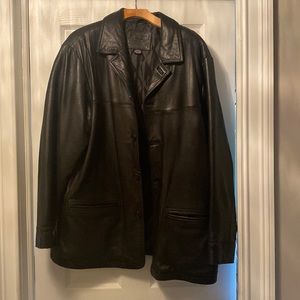 mens black leather 3/4 length coat